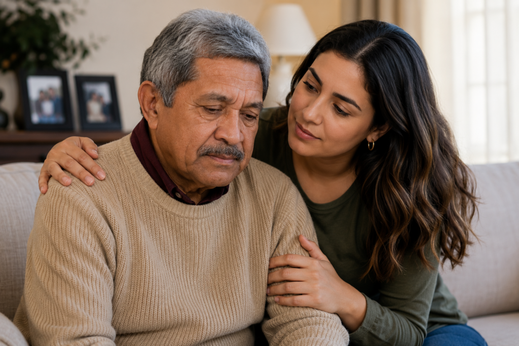 Adult daughter comforting her elderly father at home, illustrating the emotional support and dedication of family caregivers.