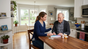 Family caregiver helping an elderly father at home through Connecticut's Adult Family Living program
