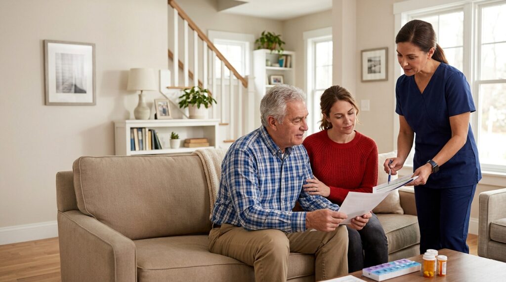 Family caregiver and home health nurse helping an older adult recover at home after a hospital stay