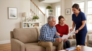 Family caregiver and home health nurse helping an older adult recover at home after a hospital stay