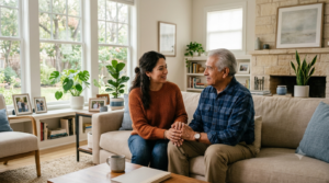A daughter having a caring conversation with her aging father about accepting home care support while sitting together in their living room.